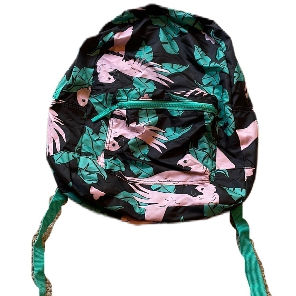 Foldable Black Backpack Flamingos Tropical Leaves Travel Adjustable Strap EUC